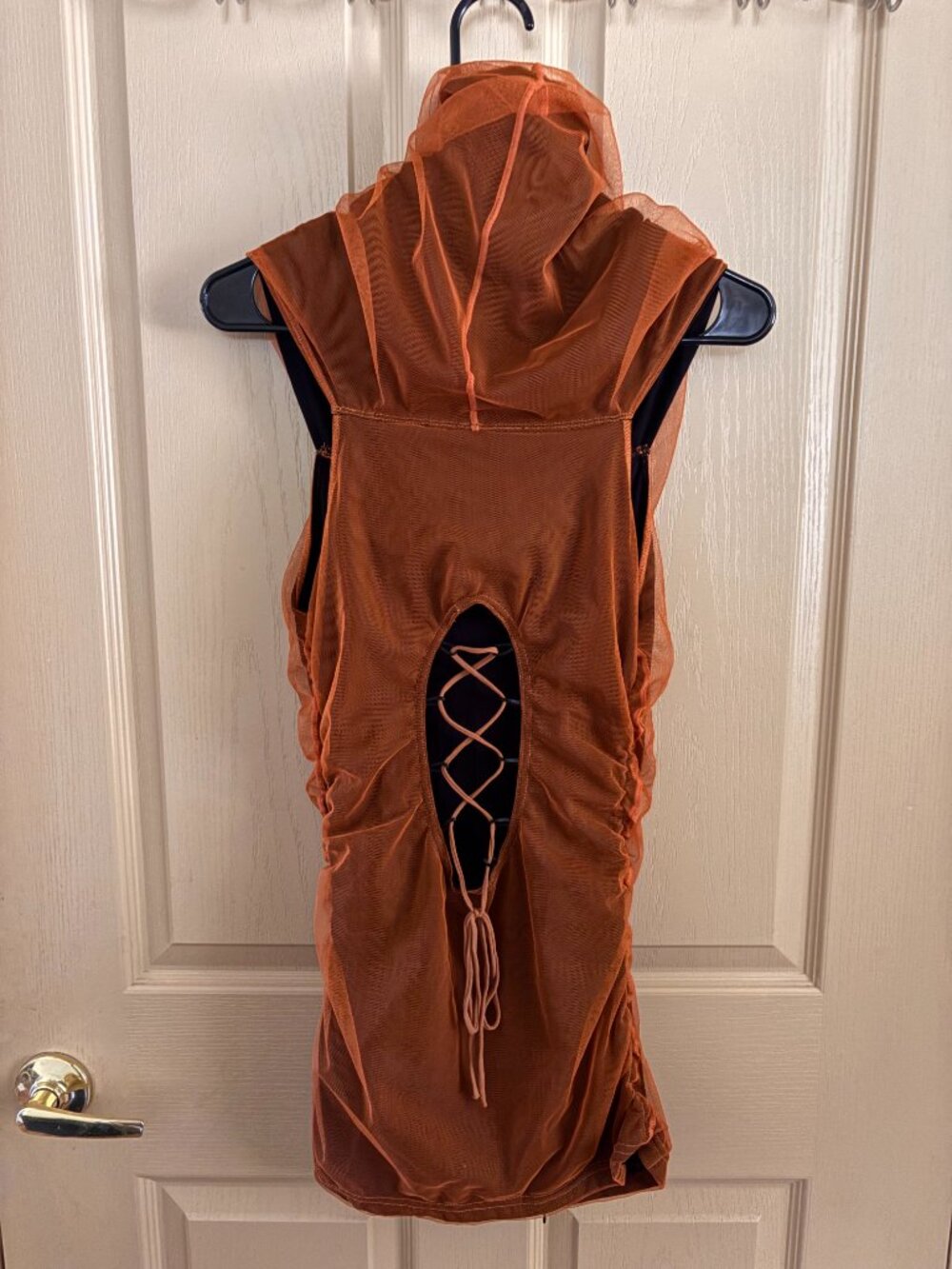 Women's Rust Mesh Hooded Rouched Top - Picture 4 of 6